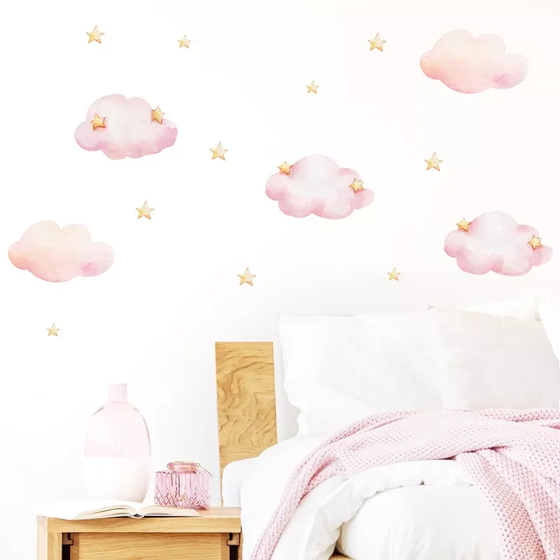 

Watercolor 5pcs Pink Clouds Stars Wall Stickers for Baby Nursery Kids Room Girl Room Decoration Wall Decals PVC Removable Mural
