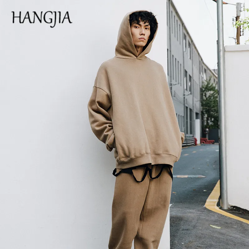 

Solid Color Hooded Sweater Men's Urban Streetwear Plus Velvet Casual Oversized Top Autumn and Winter Fleece Pullovers Hoodie