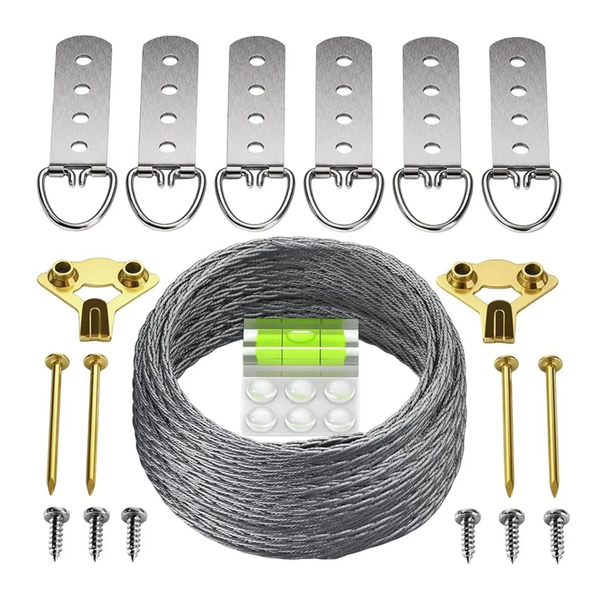 Фото Комплект для подвешивания картин DT36 Heavy Duty - D-образные кольца, винты, подвесные крючки, уровень. Выдерживает до 100 фунтов, 50+ футов (15,25 м) №1
