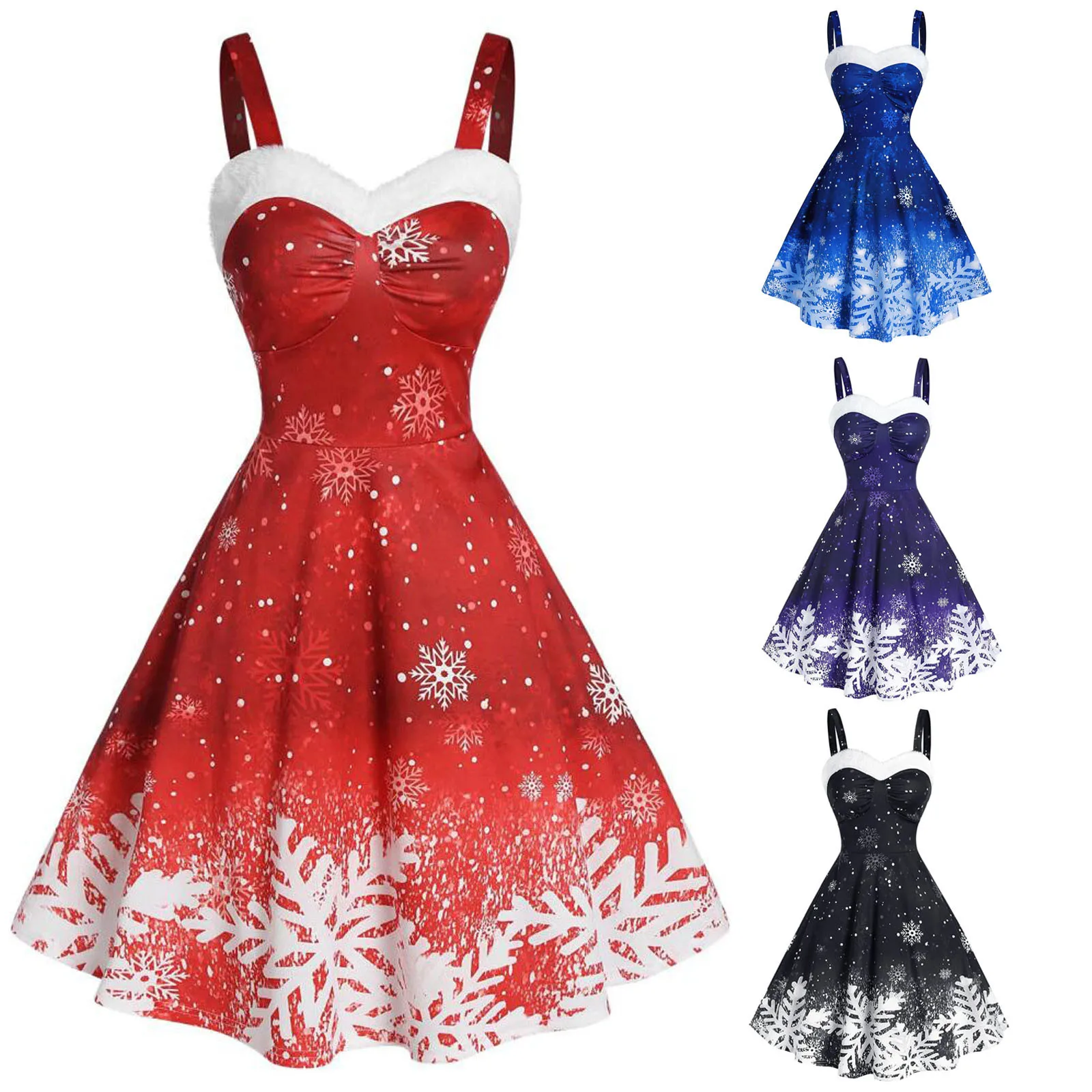 

2023 Christmas Women's Dresses Summer Fashion Snowflake Print Fuzzy Trim Casual Sweetheart Neck Sleeveless Midi Dress