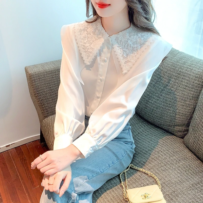 

Spring And Summer Women's Long-Sleeved Commuting All-Around Plain Color Embroidered Chiffon Shirt Women Tops Blouse Women C100