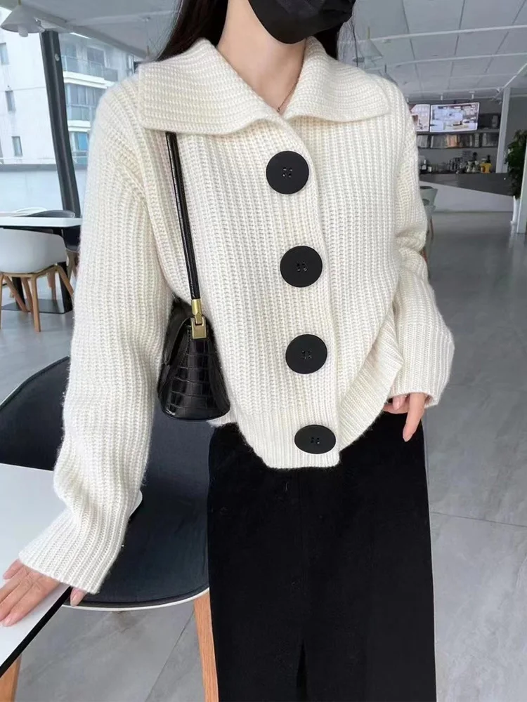 

Autumn Winter Big Button Turn-down Collar Cardigan Sweater Women Casual Single Breasted Long Sleeve Knitted Sweater Coat Female