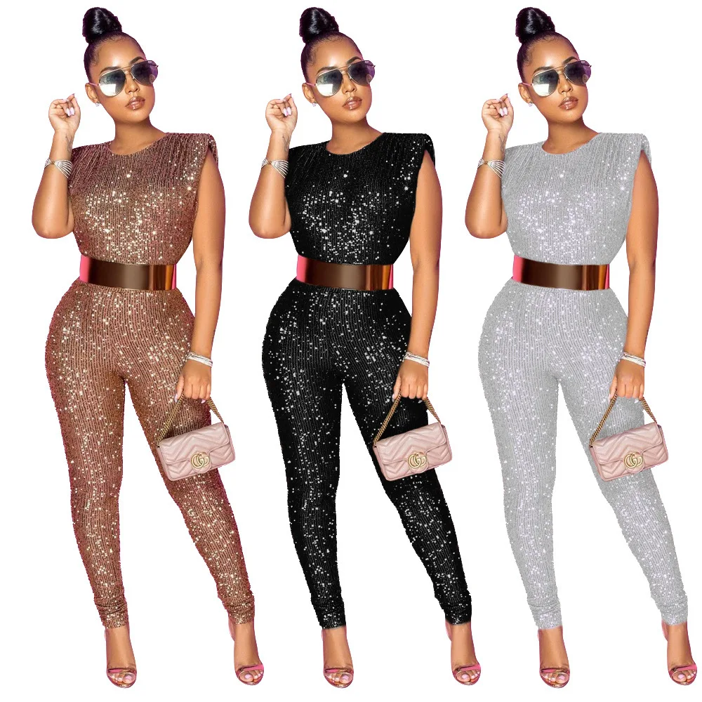 Hot Sale Sexy O-neck Sequins Glitter Office Lady Women Sleeveless Banquet Party Beach Jumpsuits Full Pant Bandage Rompers