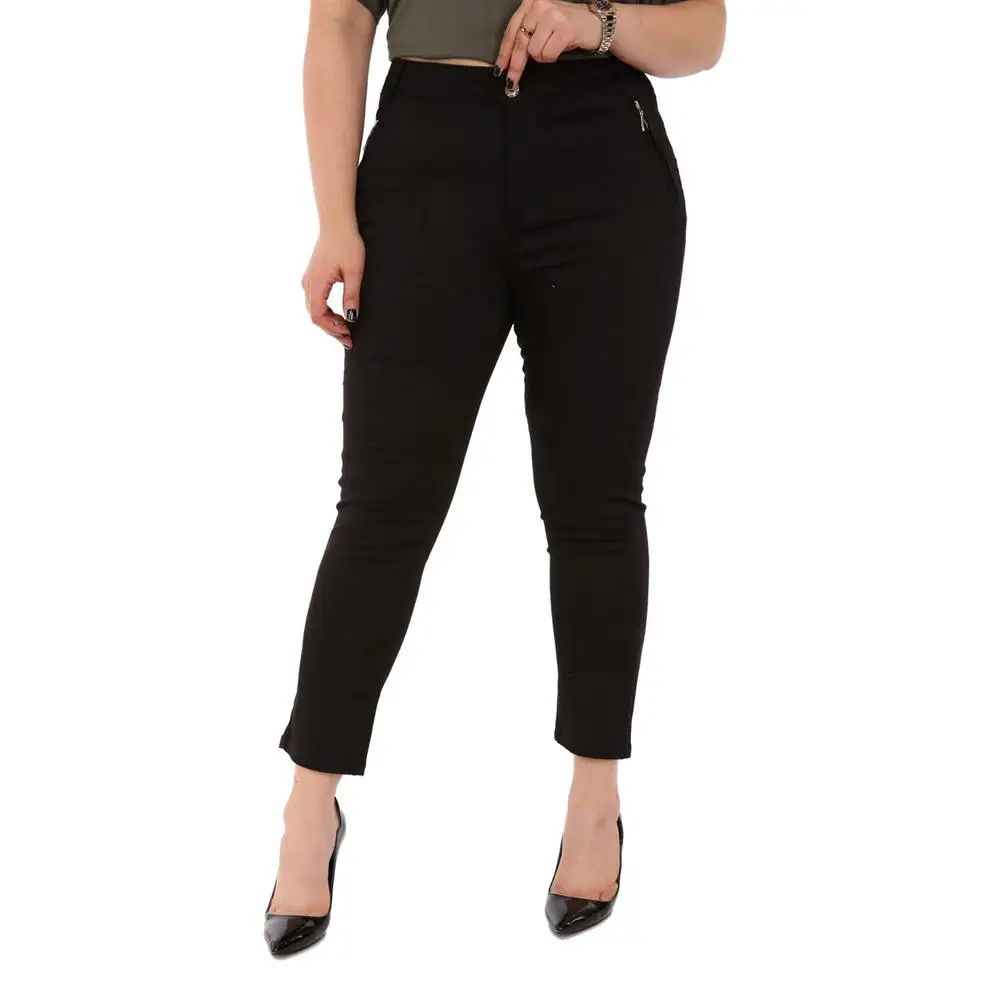 Fierte Women Plus Size Pants Rg1390Yp Canvas High Waist Tight Trotting Zipper Closure Button Elastic Spring Summer Slim Black