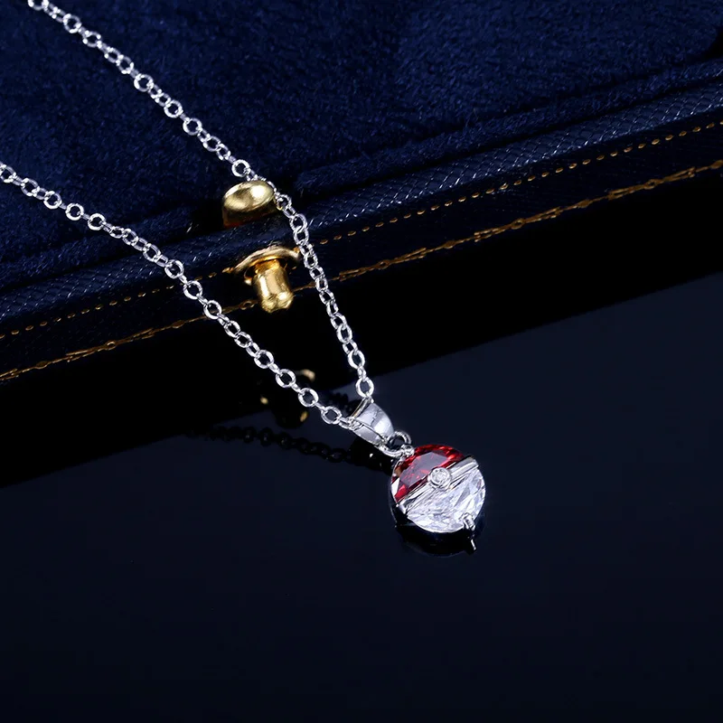 

Cute Anime Pokemon Ball Shape Pendant Necklaces For Women White&Red Cubic Zircon Inlay Link Chain Fashion Jewelry Party Gift