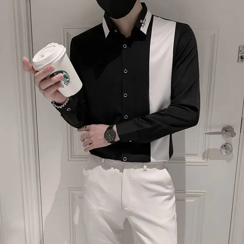 Fashion Lapel Button Spliced Letter Embroidery Asymmetrical Shirt Men's Clothing 2022 Autumn New Casual Tops All-match Shirts