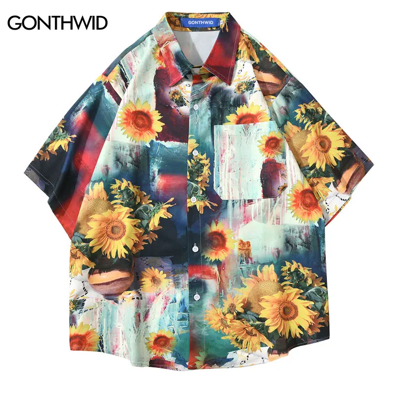 

Men Hawaiian Shirt Streetwear Hip Hop Sunflower Painting Print Button Short Sleeve Shirts Blouse Summer Harajuku Casual Top Male