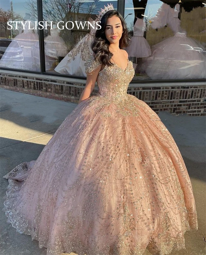 

Luxury Blush Pink Sweetheart Quinceanera Dresses Sparkly Beaded Lace-up Corset Puffy Skirt Princess Dress for 15 Years