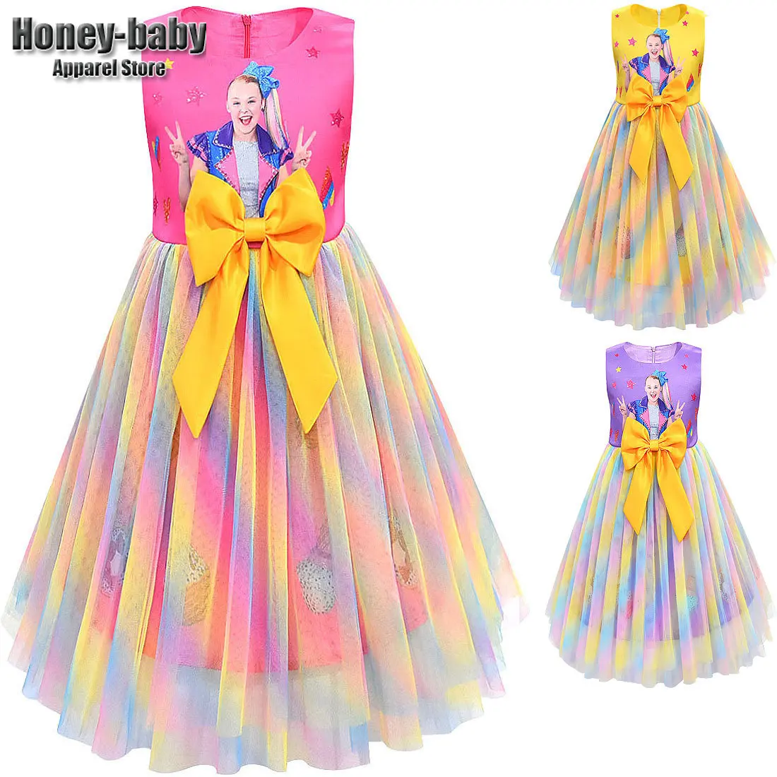 

Kids Girls Anime Cartoon 3D Printing Pleated Bow Sleeveless Party Dresses Princess Halloween Birthday Parties Dress Up Outfit