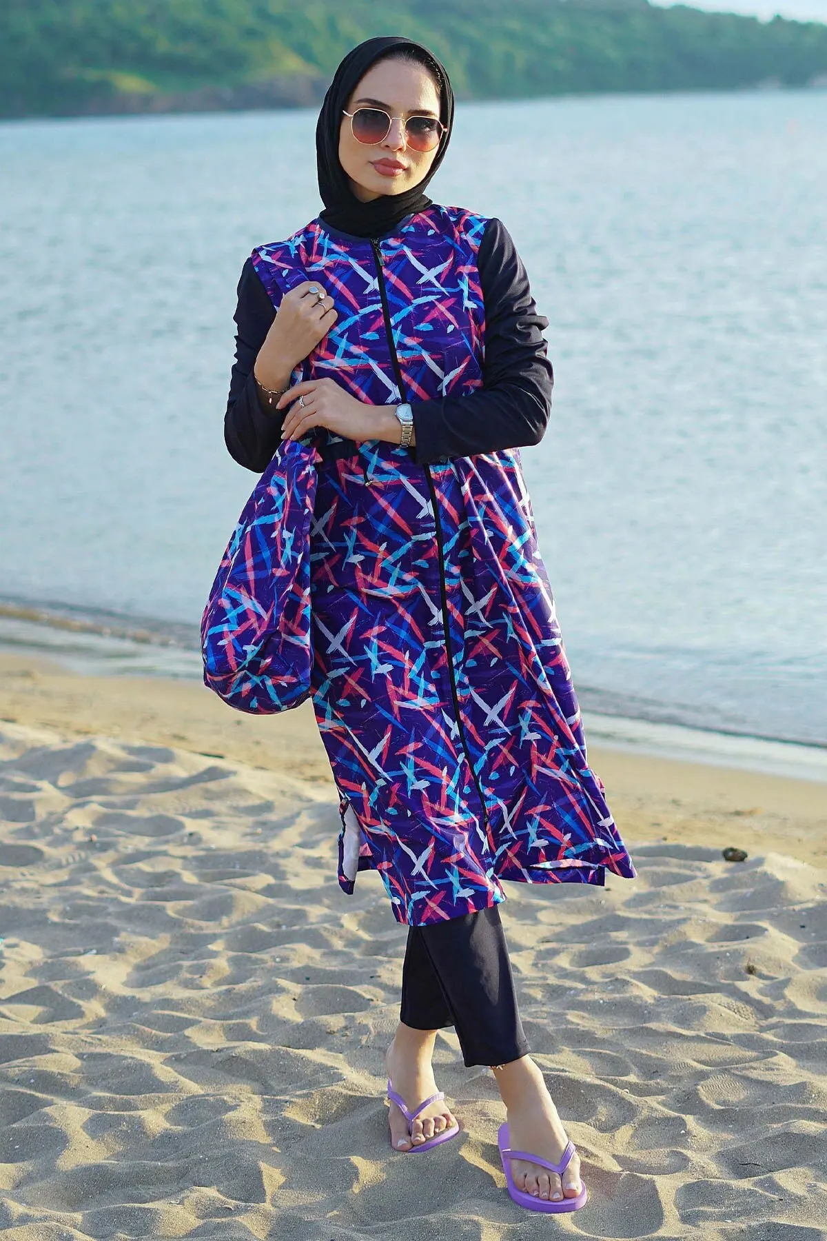 

Muslim Burkinis Navy Blue Digital Print Patterned Fully Covered Short 2 Psc. Set Swimwear Style Summer Hijab Swimsuit