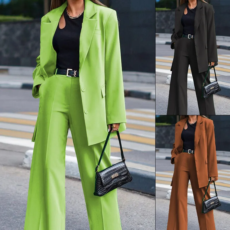 Women's Blazer Pant Sets Casual Long Sleeve Jacket + Wide Leg Pant Female 2 Pieces Set Ladies Fashion Elegant 2023 New Pant Suit