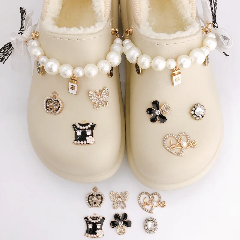 1pcs fake pearl chain croc shoes charms crystal diamond-mounted Accessories jibz for croc clogs shoe Decorations man kids gifts