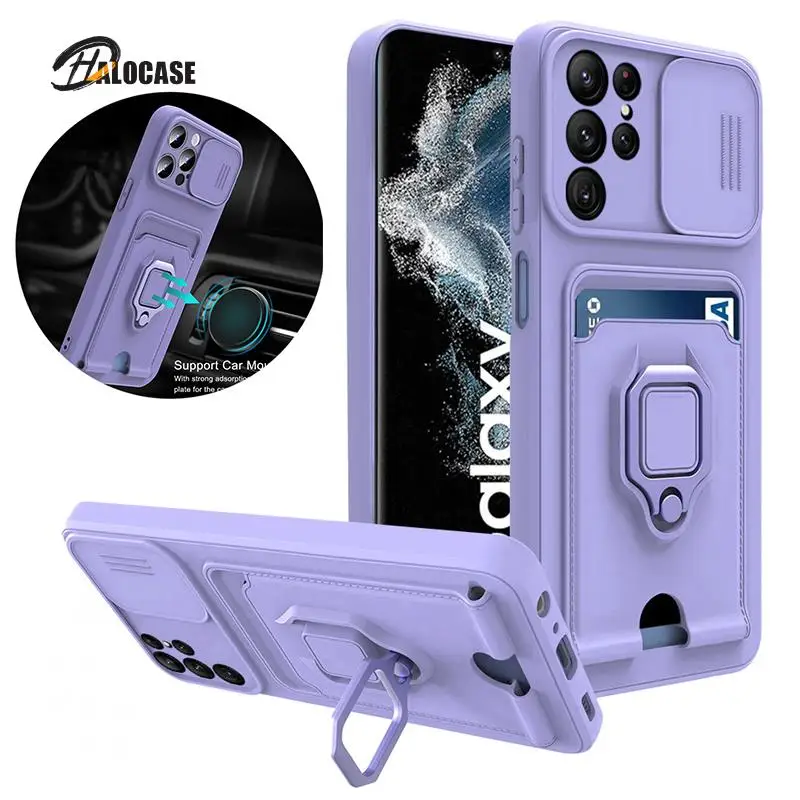 

Slide Camera Lens Protector Case For Samsung Galaxy S22 Ultra A21S A32 A71 A52 A72 A53 A73 Card Slot Magnetic Ring Stand Cover