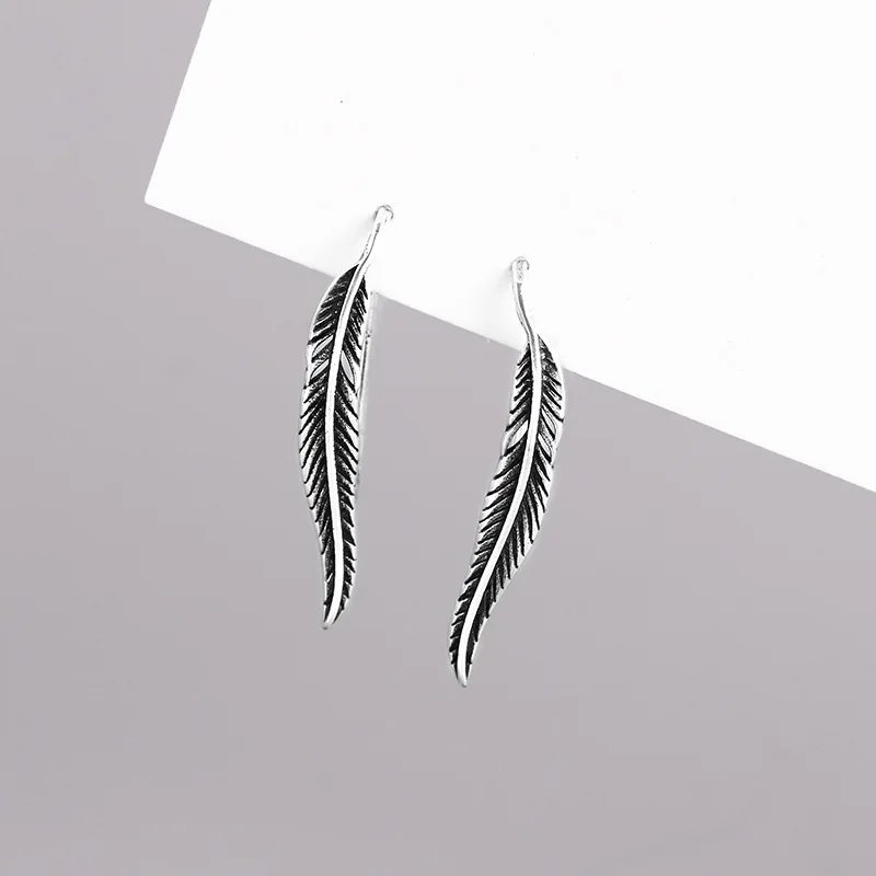 

925 Sterling Silver Vintage Feather Stud Earrings For Women Fashion Punk Party Jewelry eh885