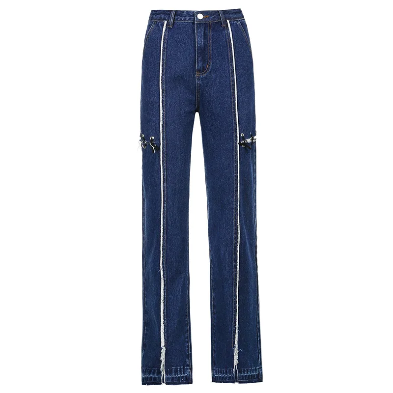 Blue Denim Trousers Women 2021 Harajuku Sexy Bandage Hollow Out Jeans Pants Patchwork Split Street Aesthetic Capris Full Length
