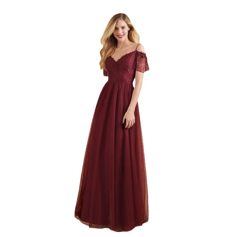

Sexy Lace Strapless Wedding Wine Red Wedding Dress Vestidos Slim Fit Slim V Neck Mesh Splicing Zipper Short Sleeved Long Dress