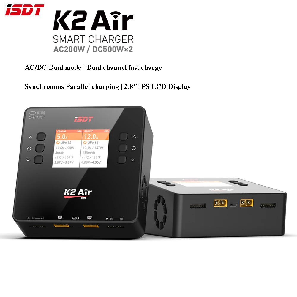

ISDT K2 Air AC 200 Вт DC 500Wx2 20A Двухканальное балансирующее умное зарядное устройство Dis зарядное устройство для LiFe Lilon LiPo 1-6S LiHv Pb NiMH/Cd аккумулятора