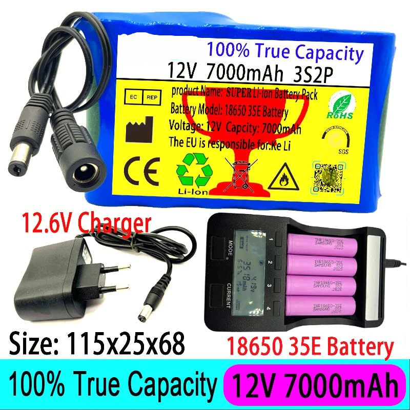 

18650 35E 12V 21Ah 100%True Capacity 3S2P Portable Li-Ion Rechargeable Battery 12.6V Charger Electric Bike Scooter BMS