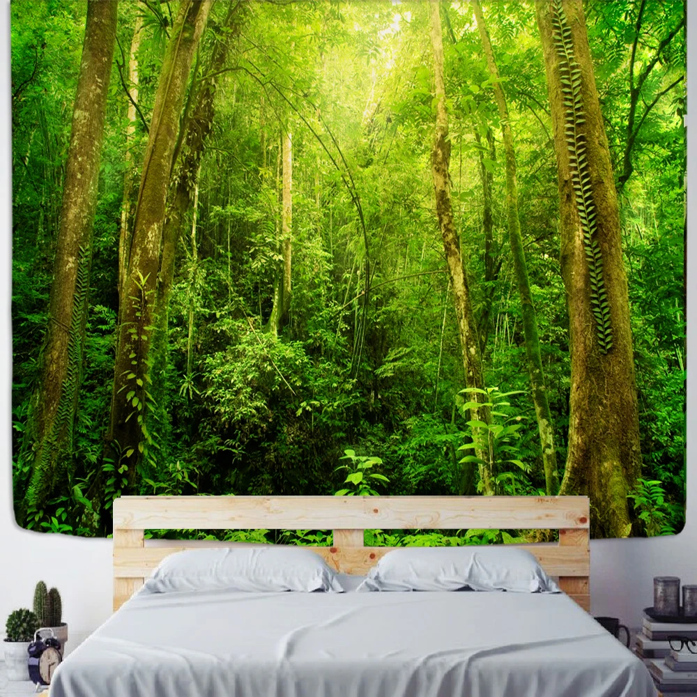 

Зеленый бамбуковый лес, природный гобелен, дизайн, деревянный узор, лес, настенное украшение для гостиной, украшение для дома