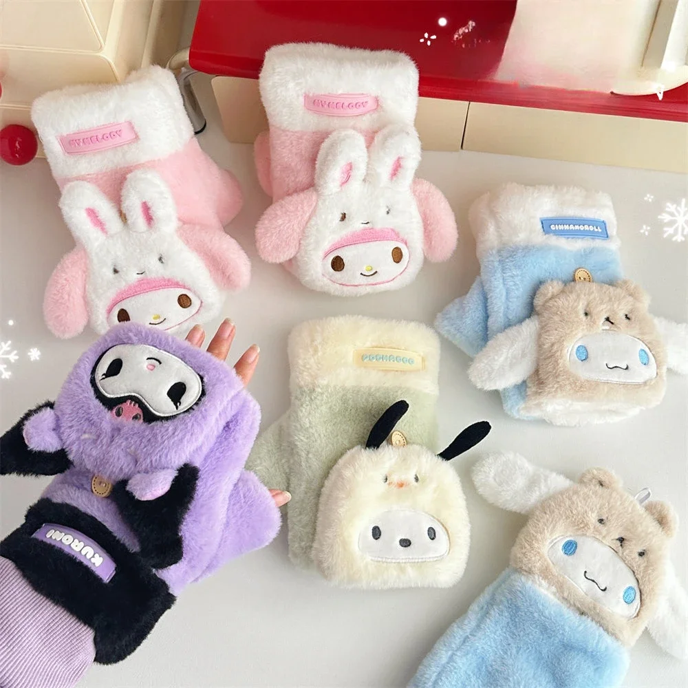 Плюшевые перчатки Sanrio Kuromi зимние термоперчатки Melody Cinnamoroll Pochacco флип-перчатки для