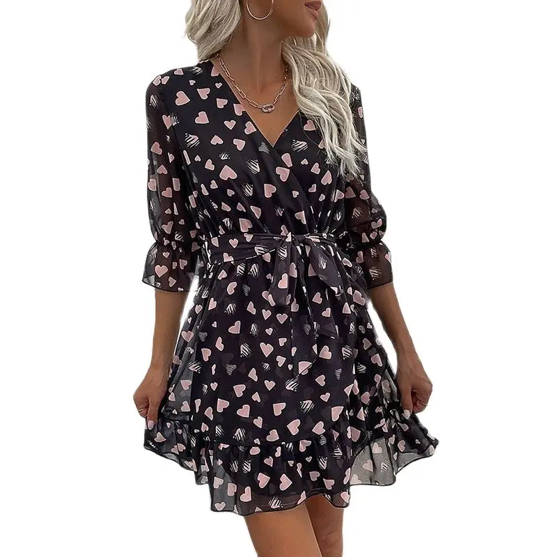 

Fashion Summer Chiffon Women's Dress V Neck Love Print Casual Three Quarter Sleeve Dresses Female A Line Ruffles Party Vestidos