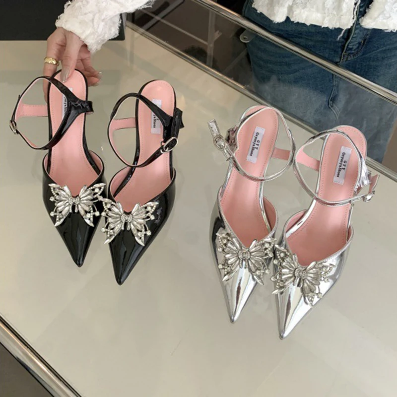 Женские босоножки с ремешком на щиколотке тонком высоком каблуке