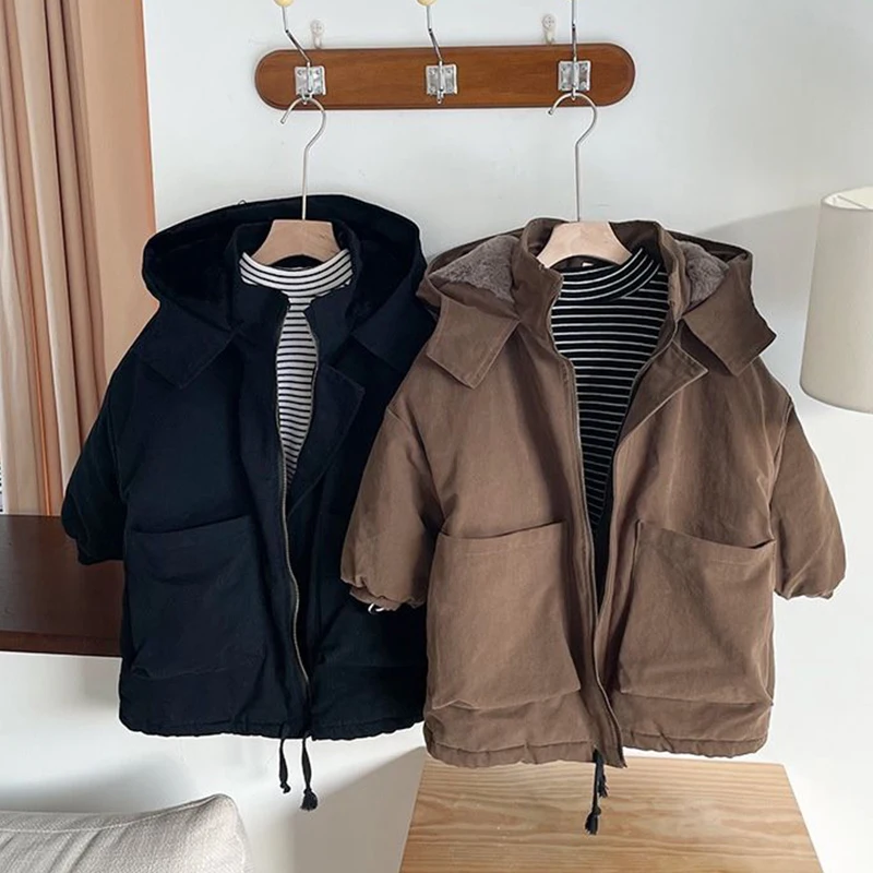 

2023 Autumn Winter Thicken Children Coat Jacket Boys Solid Color Hooded Jackets Kids Parka Outerwear 4-14Years