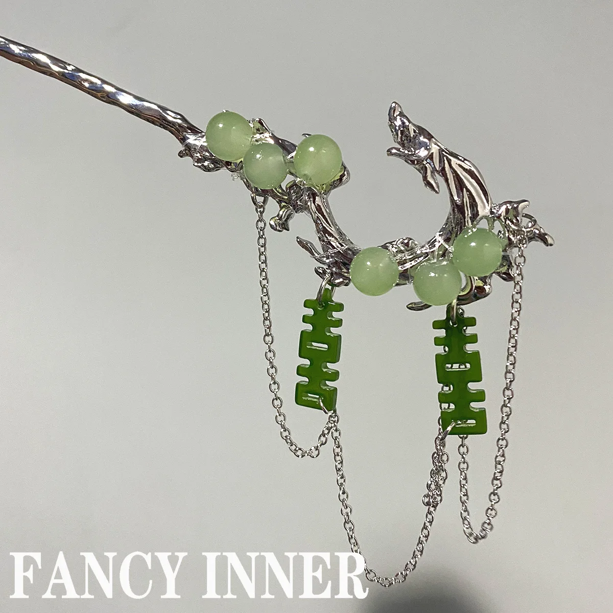 

2022 New Hairpin Hair Sticks Metal Vintage Dragon Green Beaded Chinese Character Headwear Hair Accessories for Women Jewelry