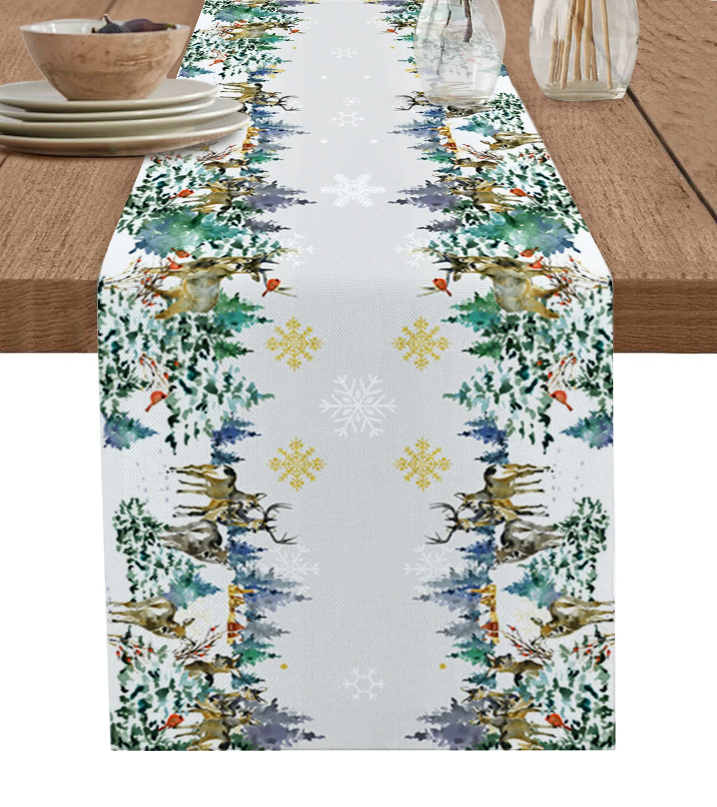 

Home Decor Table Runner Wedding Decoration Tablecloth Kitchen Table RunnersChristmas Pine Tree Elk Forest