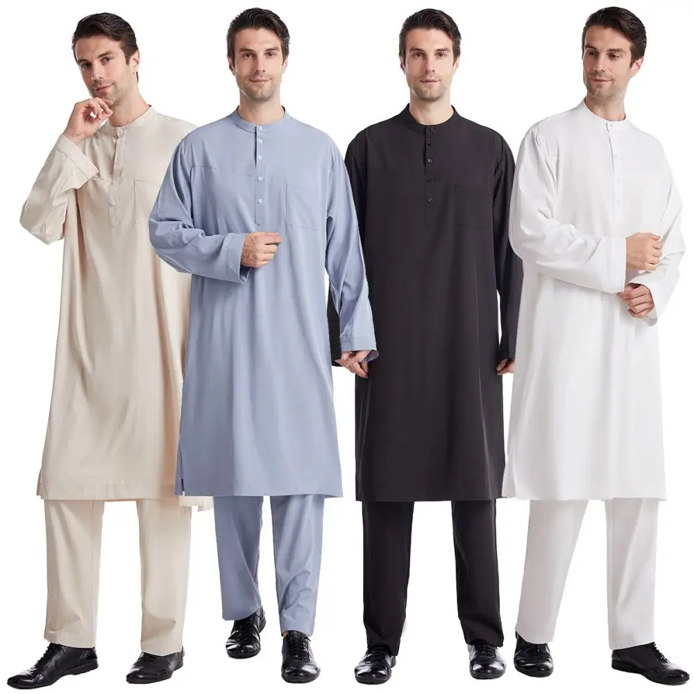 2pc Robe+Pants Muslim Arabic Men Jubba Thobe Button Clothes Suit Abaya Saudi Arabia Eid Turkey Kurtas Islamic Muslim Daily Dress