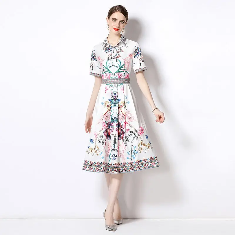 

Женское платье с принтом в стиле ретро, элегантное торжественное платье миди с отложным воротником и коротким рукавом, праздничное пляжное платье, модель M9869, 2023