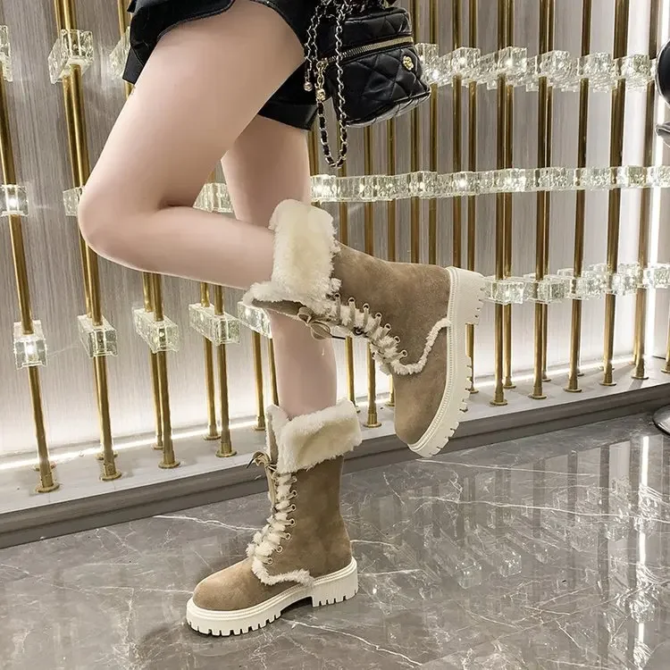 

Thicken Plush Snow Boots for Women Winter Faux Fur Platform Ankle Boots Woman Mid-calf Lace-up Snow Boots Thickened Cotton Shoes