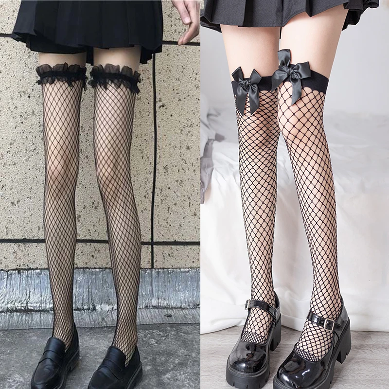

Long Knee Sock Lace Bowknot Women Party Dress Sexy lingerie Leggings Fishnet Stockings Lolita Over Knee Socks Woman Stocking