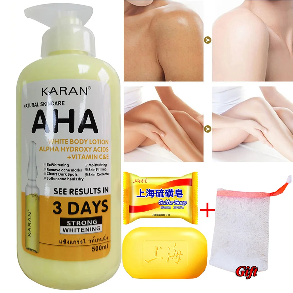 

500ml Whitening Body Lotion Hydroxy Acids+Vitamin C Moisturizing Lightening Body Cream Lotion Skin+85g Shanghai Sulfur Soap Set