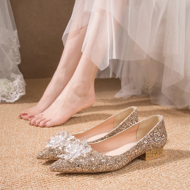 

2022 New Wedding Women's Thick Heels Square Head Pregnant Women's Bridal Shoes GOLD SEQUIN Middle Heel Dress Crystal Shoes