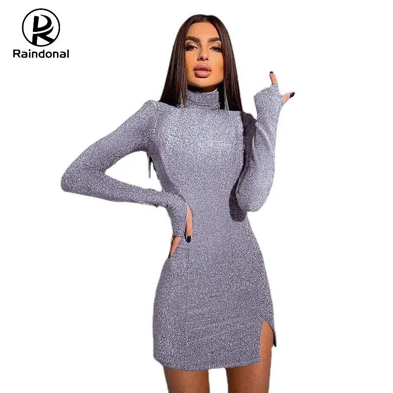

2022 Одежда Vestidos Turtleneck Mini Dresses Party Club Outfits Dress De Noche Bright Silk Long Sleeve Solid Women Fashion Sexy