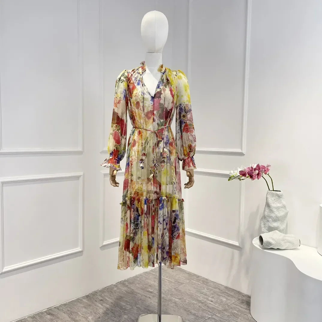 

Top Quality 2023 Vintage Pleated Splice Floral Printing Flare Sleeve Beach Style Woman Mini Dress Spring Summer