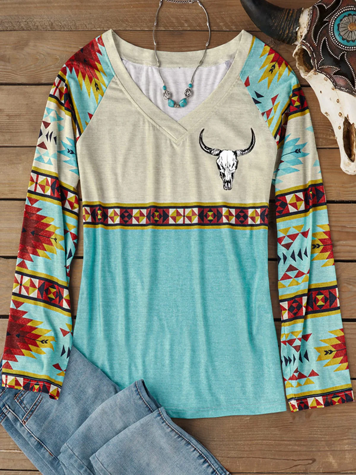 

Women Steer Skull Aztec Geometric Western Long Sleeve Blouse Elegant Print Blouse Sexy Slim Shirt Casual Chic Crop Streetwear