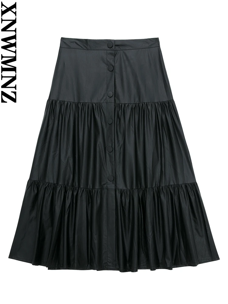 

XNWMNZ 2022 Women Fashion Faux Leather PU Ruffled Midi Skirt Vintage High Waist Front Snap-Button Female Chic Skirts