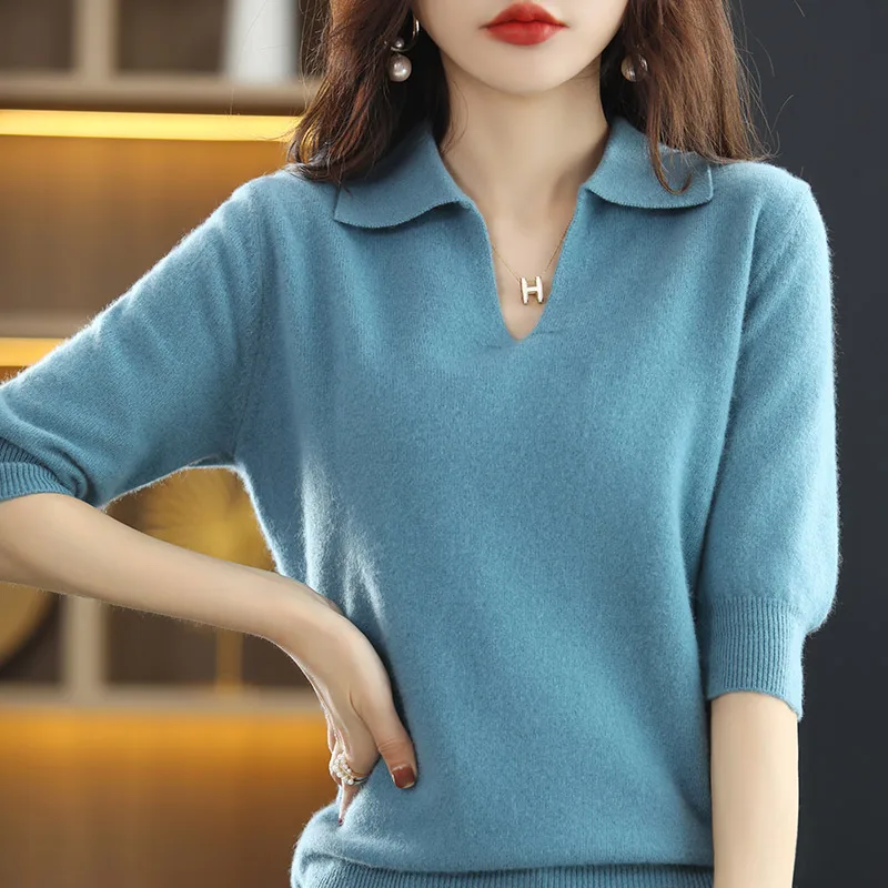 

BELIARST Spring and Summer New Women's V-neck Short-sleeved 100% Pure Wool Knitted Pullover Slim Five-point sleeve Tops T-shirt