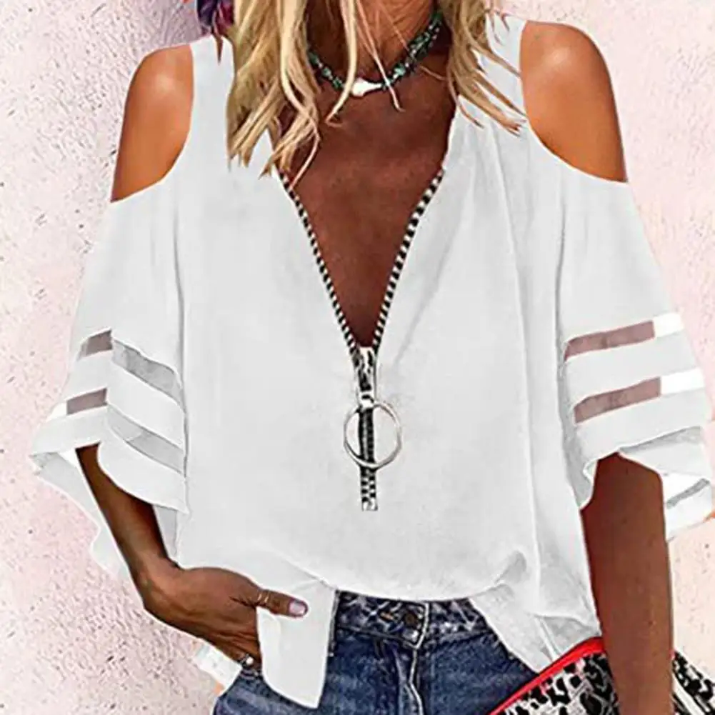 

Summer Solid Women Blouses And Tops Fashion Zipper V Neck 3/4 Sleeve Elegant Office Work Lady Shirts Oversize Casual Blouse