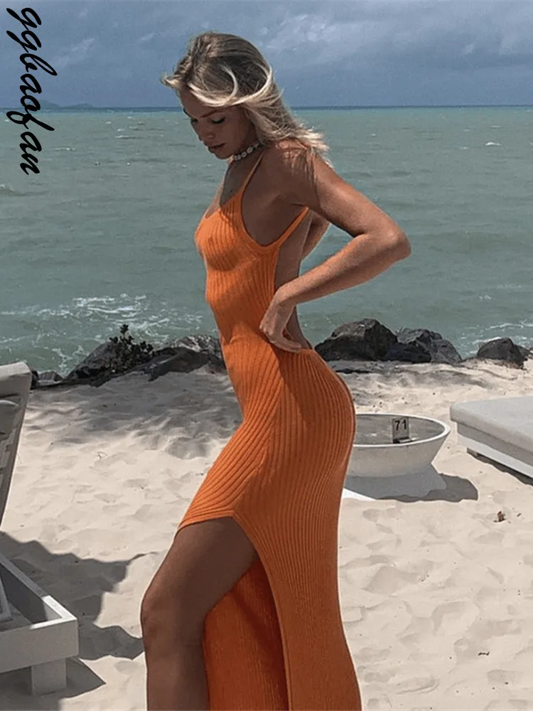 

Ggbaofan Sexy Backless Green Bodycon Midi Dress Women Knitted Y2K Sleeeless Beach Spaghetti Strap Party Club Holiday 2022