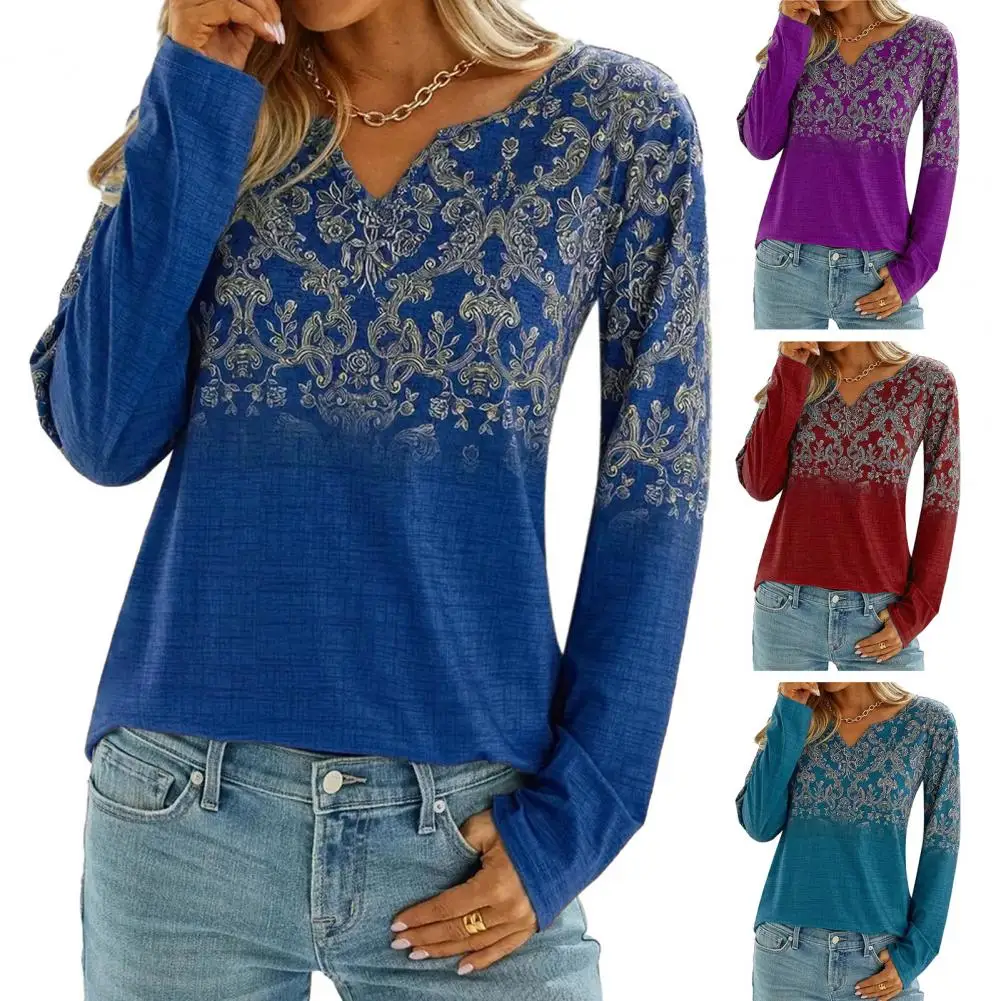 

Women Blouse Autumn Winter V-Neck Long Sleeve Casual T-shirt Ethnic Style National Print Loose Fit Pullover T-shirt