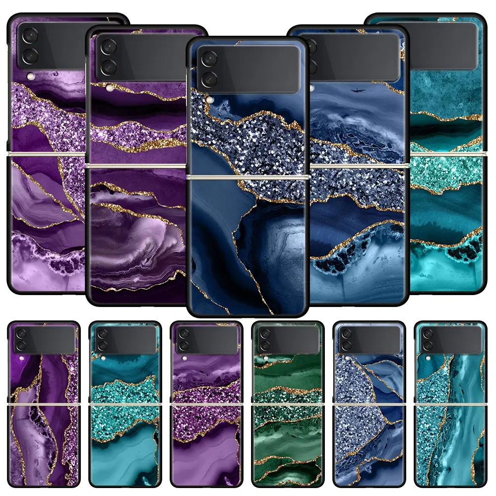 

Marble Agate Pattern Z Flip 4 Phone Case For Samsung Z Flip 3 5G Black Hard Shell Galaxy ZFlip3 ZFlip4 Cover Folding Luxury