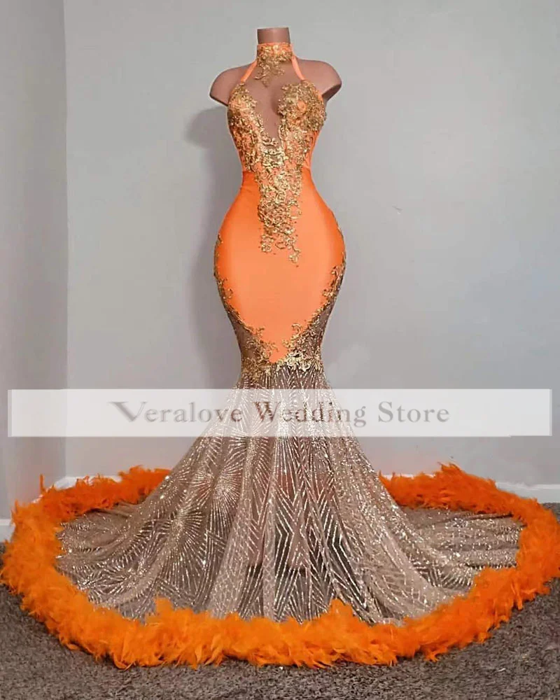 

Блестящее оранжевое вечернее платье-Русалка с высокой горловиной, сексуальные роскошные платья для выпускного вечера, женские вечерние пл...