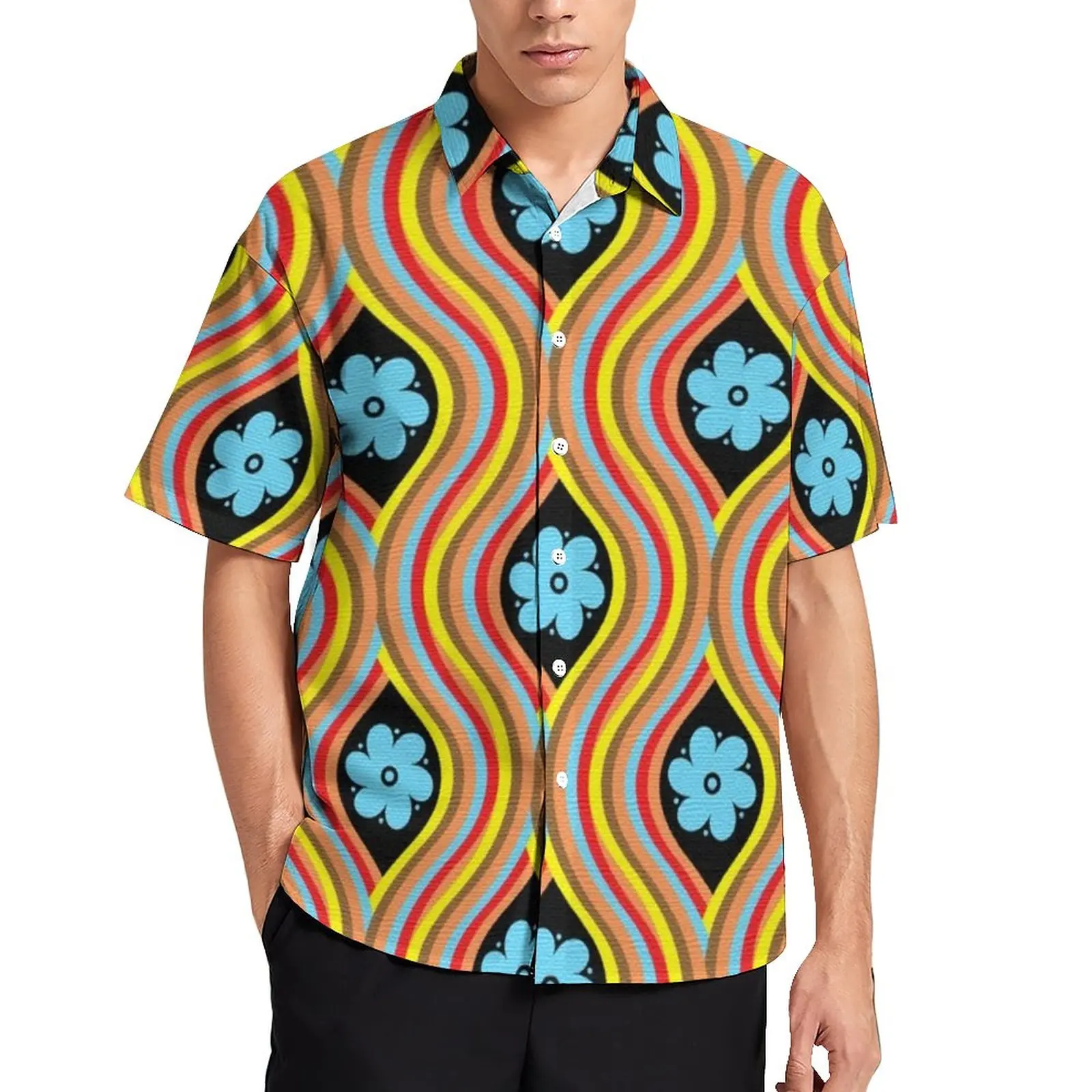 

70S Retro Hippie Casual Shirt Bohemian Flower Power Vacation Loose Shirt Hawaiian Blouses Short Sleeve Design Oversize Top