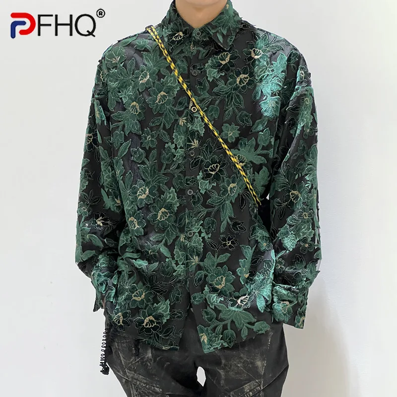 

PFHQ Autumn Lace Coat Lapel Long Sleeved Printed Silhouette Deaign Men's Light Luxury Flowers Button Abstraction Shirts 21Z1652
