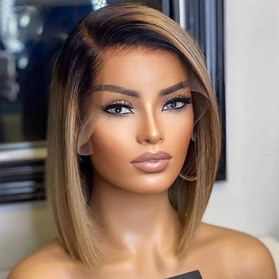 PrePlucked Blunt Bob Ombre Blonde Silk Straight Human Hair Wig With Baby Hair Glueless 13x4 Lace Front Wig For Women Free Part