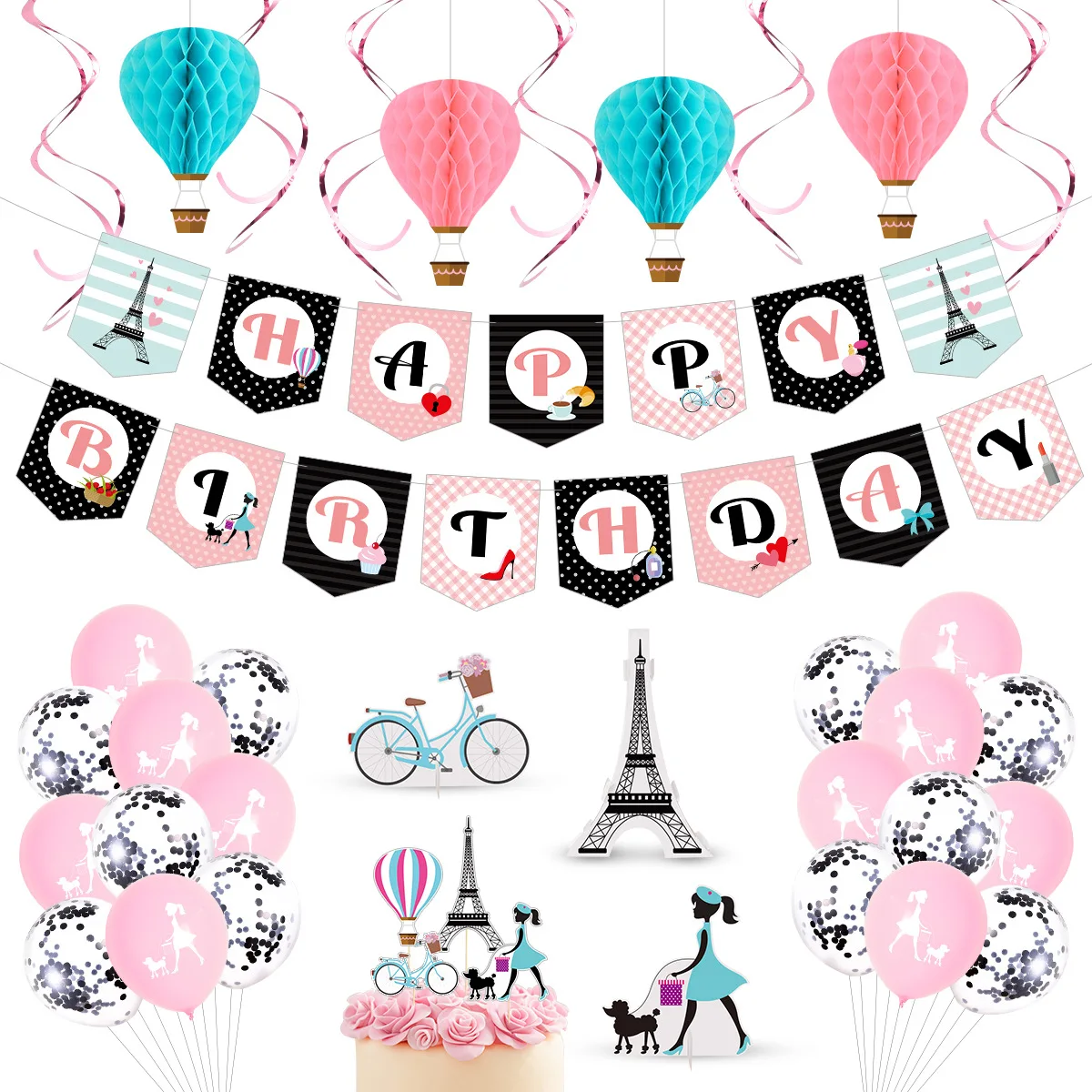 

38Pcs/set Eiffel Tower Birthday Party Decoration Supplies Banner Cake Toppers Spiral Ornament Baby Shower Balloons Kids Favors