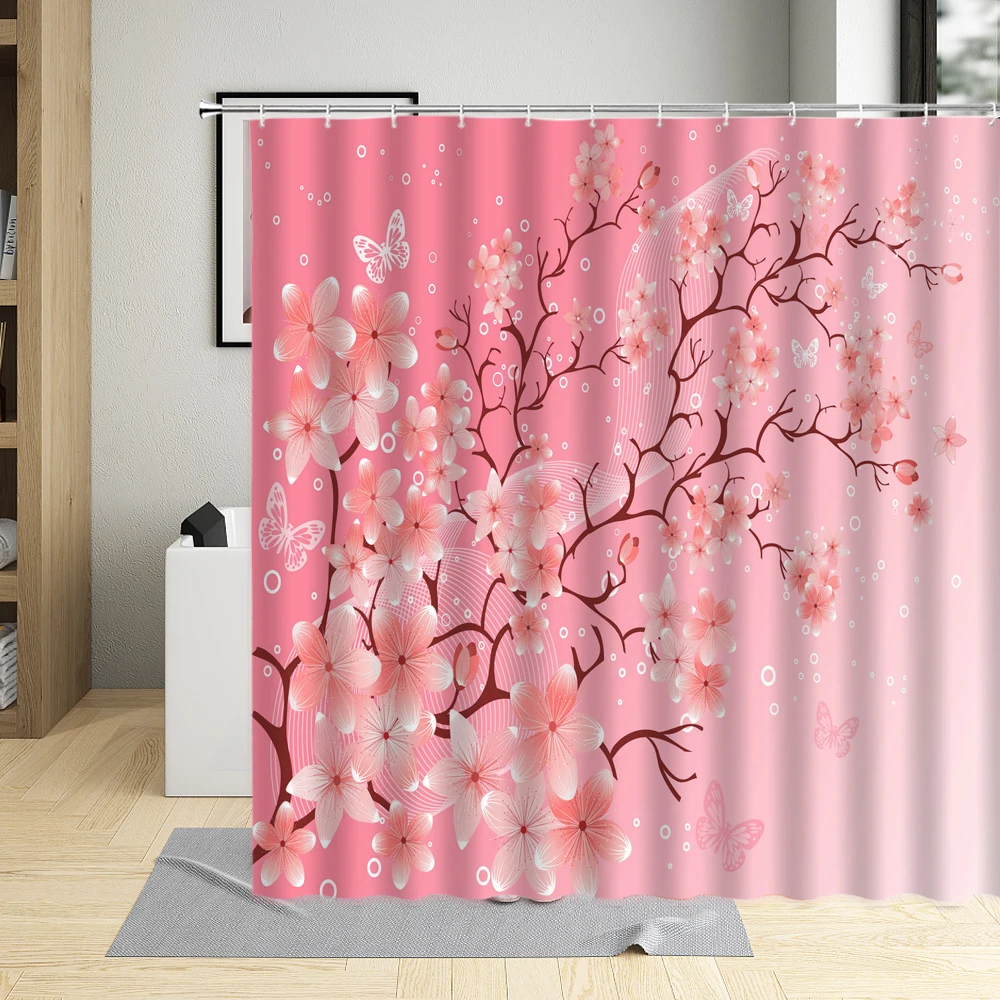 

3D Pink Cherry Blossom Shower Curtains Flowers Chinese Style Plum Bathroom Decor Floral Curtain with Hooks Waterproof Fabric